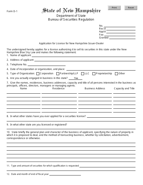 Form D-1 Application for License for New Hampshire Issuer-Dealer - New Hampshire