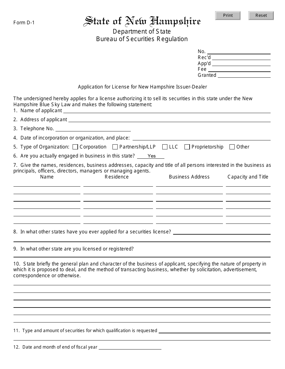 Form D-1 Application for License for New Hampshire Issuer-Dealer - New Hampshire, Page 1