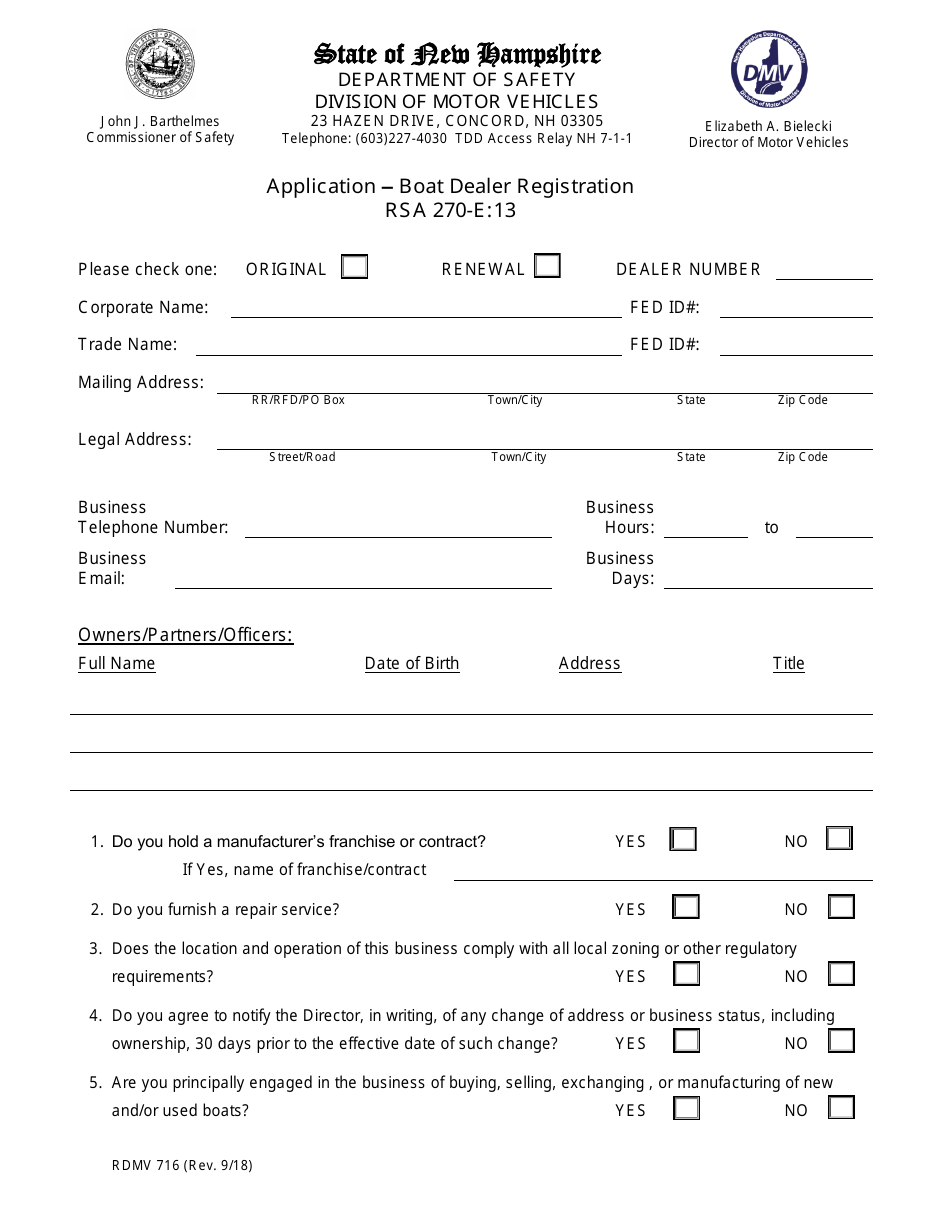 Form RDMV716 Application  Boat Dealer Registration - New Hampshire, Page 1