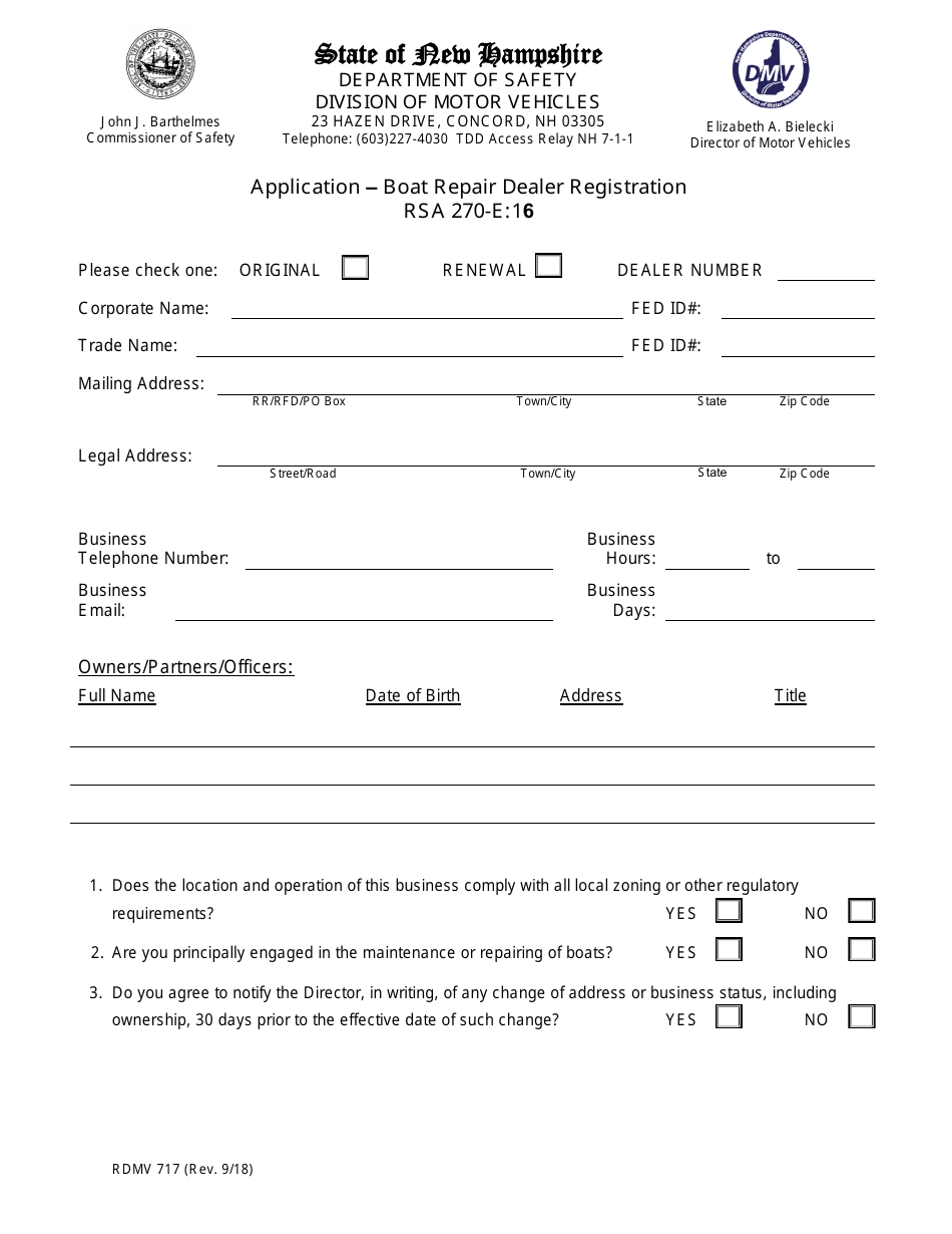 Form RDMV717 Application  Boat Repair Dealer Registration - New Hampshire, Page 1