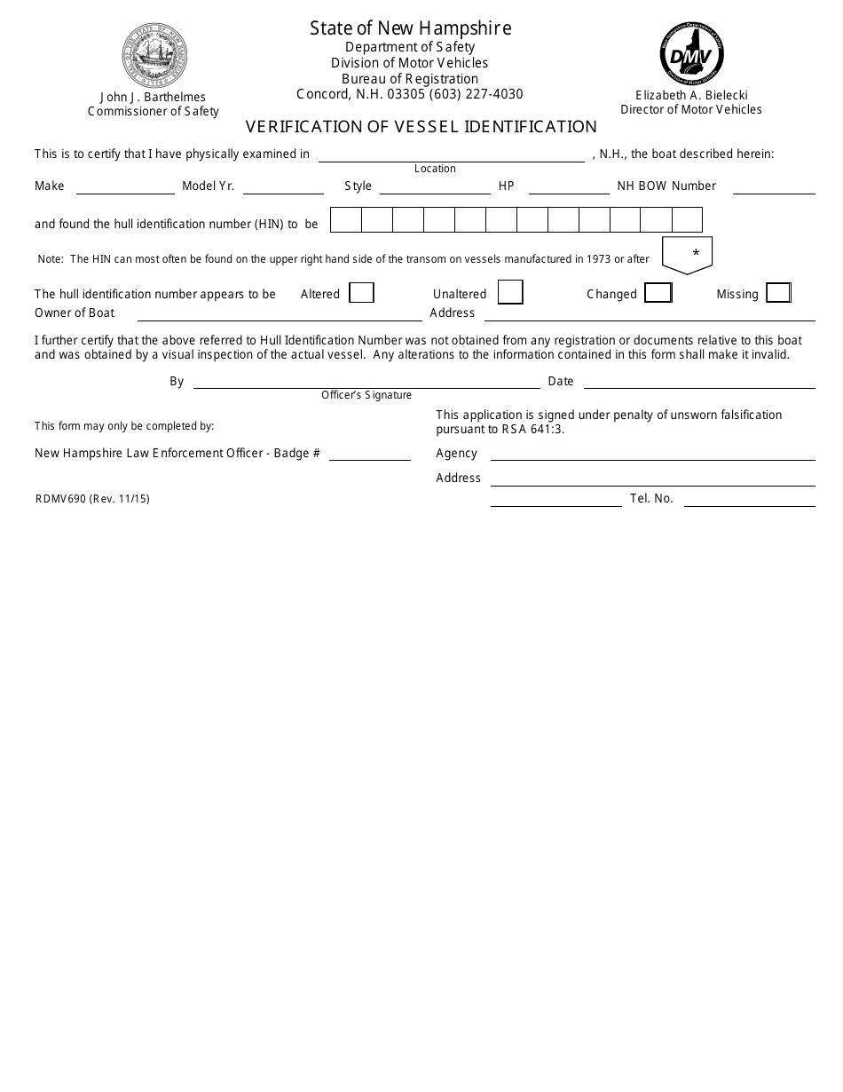 Form RDMV690 Verification of Vessel Identification - New Hampshire, Page 1