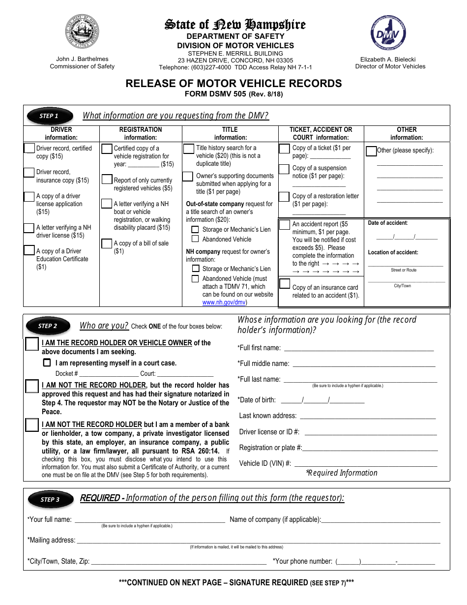 Form DSMV505 Release of Motor Vehicle Records - New Hampshire, Page 1