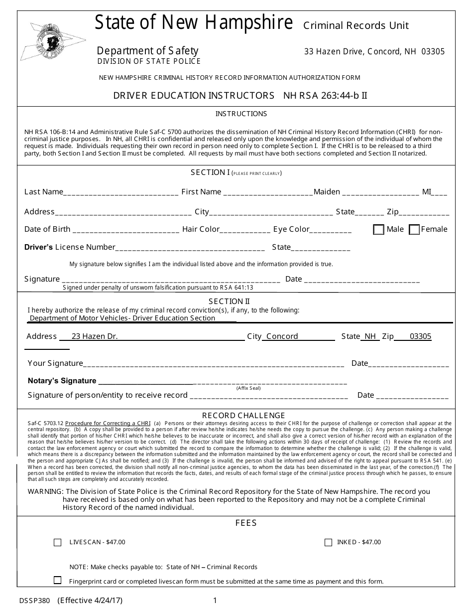 Form DSSP380 New Hampshire Criminal History Record Information Authorization Form - New Hampshire, Page 1