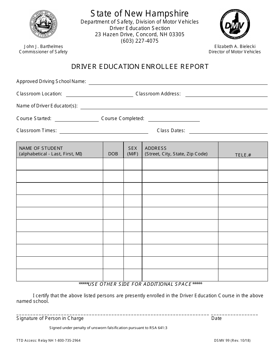 Form DSMV99 Driver Education Enrollee Report - New Hampshire, Page 1