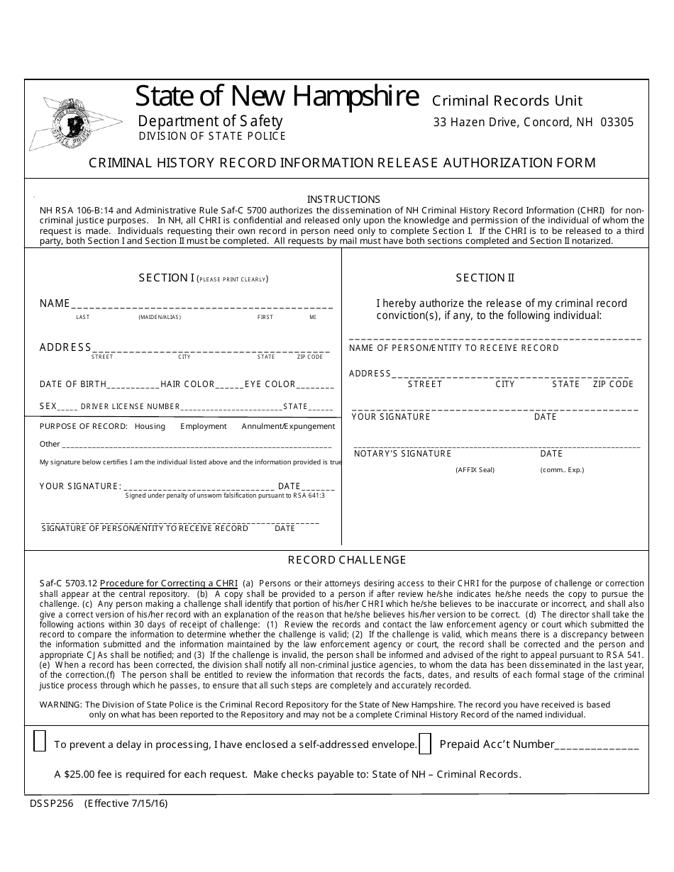 Form DSSP256 Criminal History Record Information Release Authorization Form - New Hampshire, Page 1