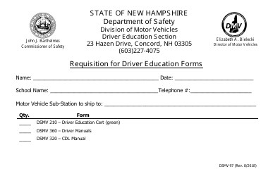 Form DSMV97 &quot;Requisition for Driver Education Forms&quot; - New Hampshire