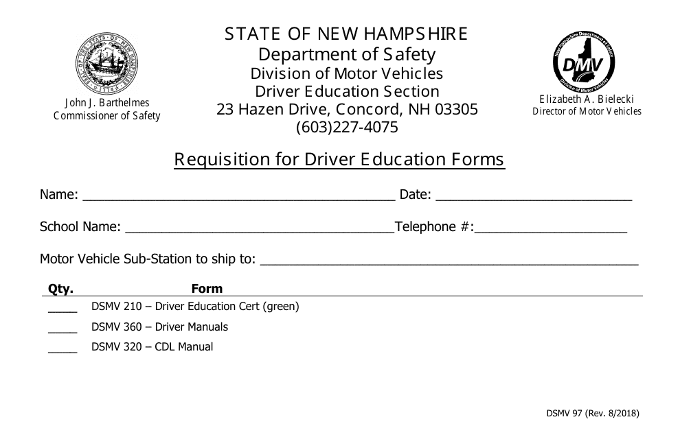 Form DSMV97 Requisition for Driver Education Forms - New Hampshire