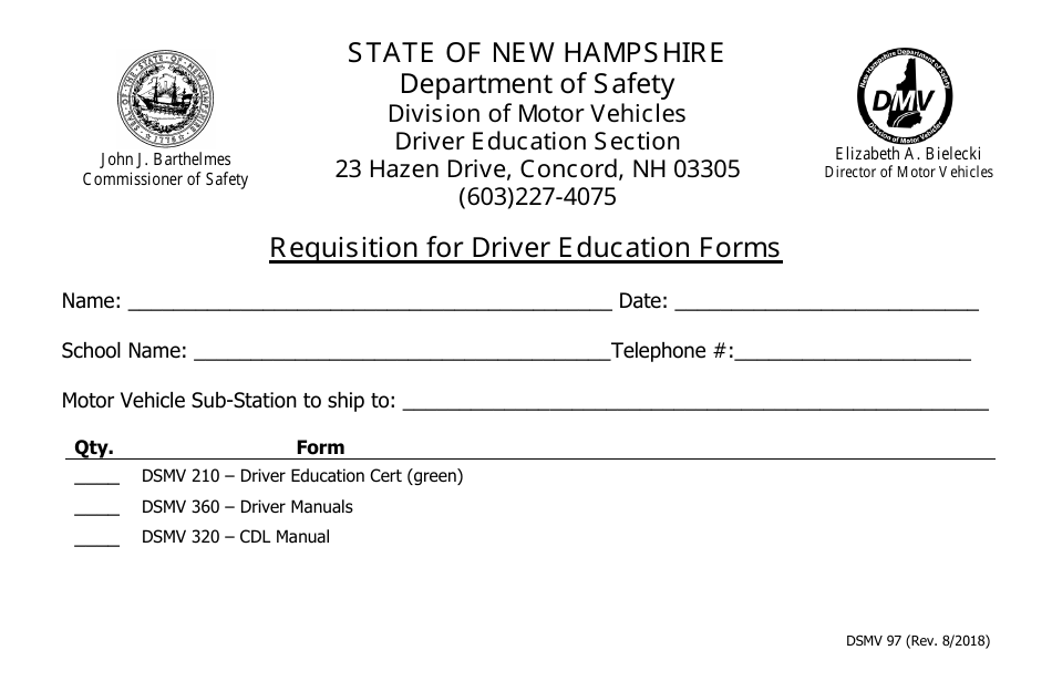 Form DSMV97 Requisition for Driver Education Forms - New Hampshire, Page 1