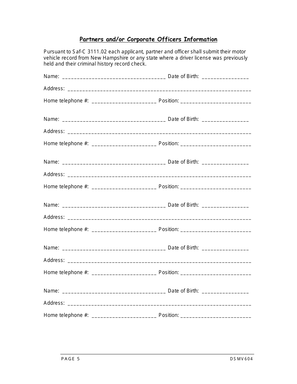 Form DSMV604 Driving School License Application - New Hampshire, Page 5