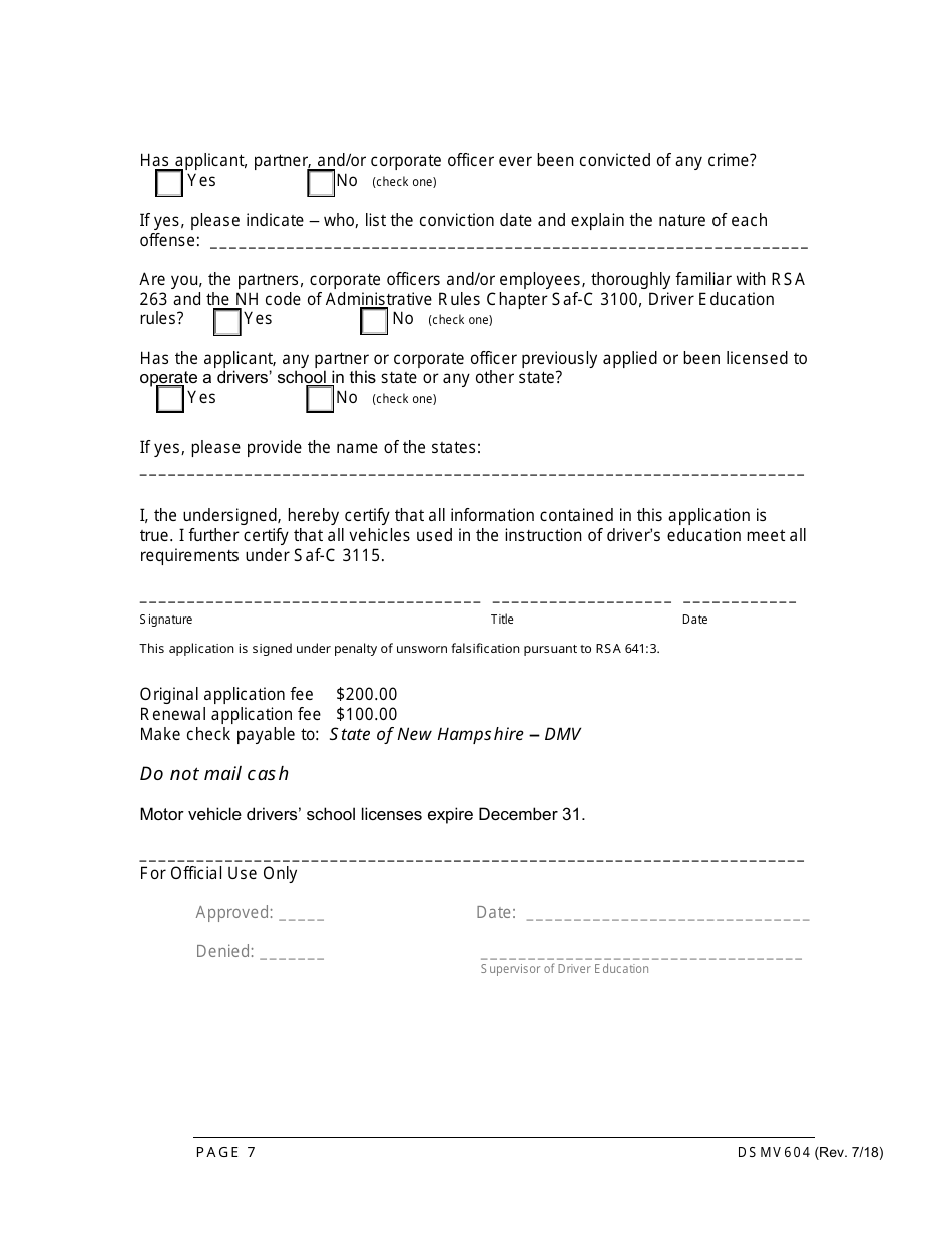 Form DSMV604 Driving School License Application - New Hampshire, Page 7