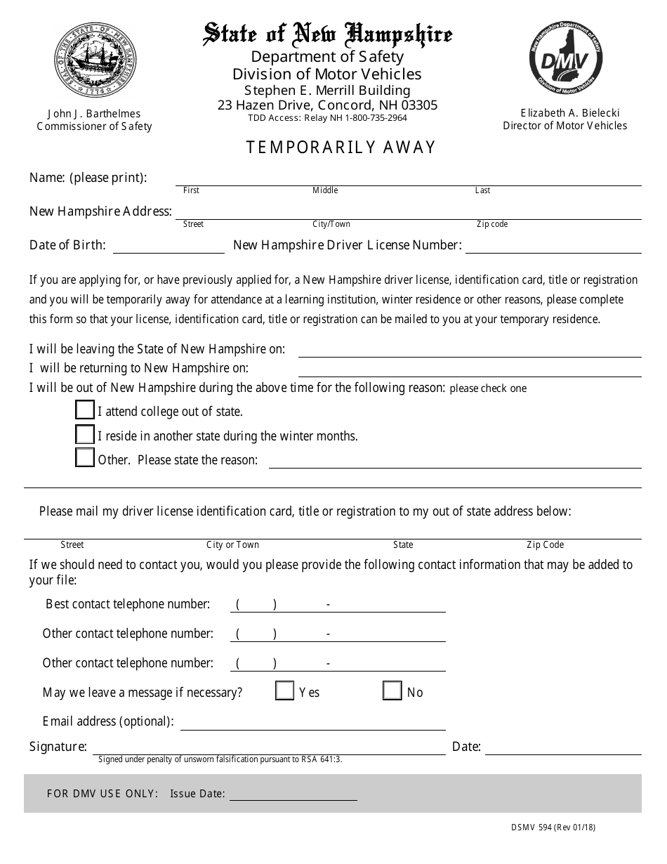 Form DSMV594 Temporarily Away - New Hampshire, Page 1