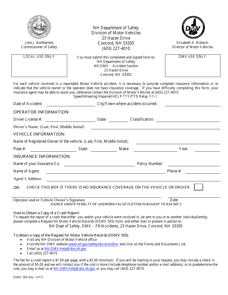 Form DSMV385 Download Fillable PDF or Fill Online Insurance Verification  Form - Blue Card New Hampshire | Templateroller