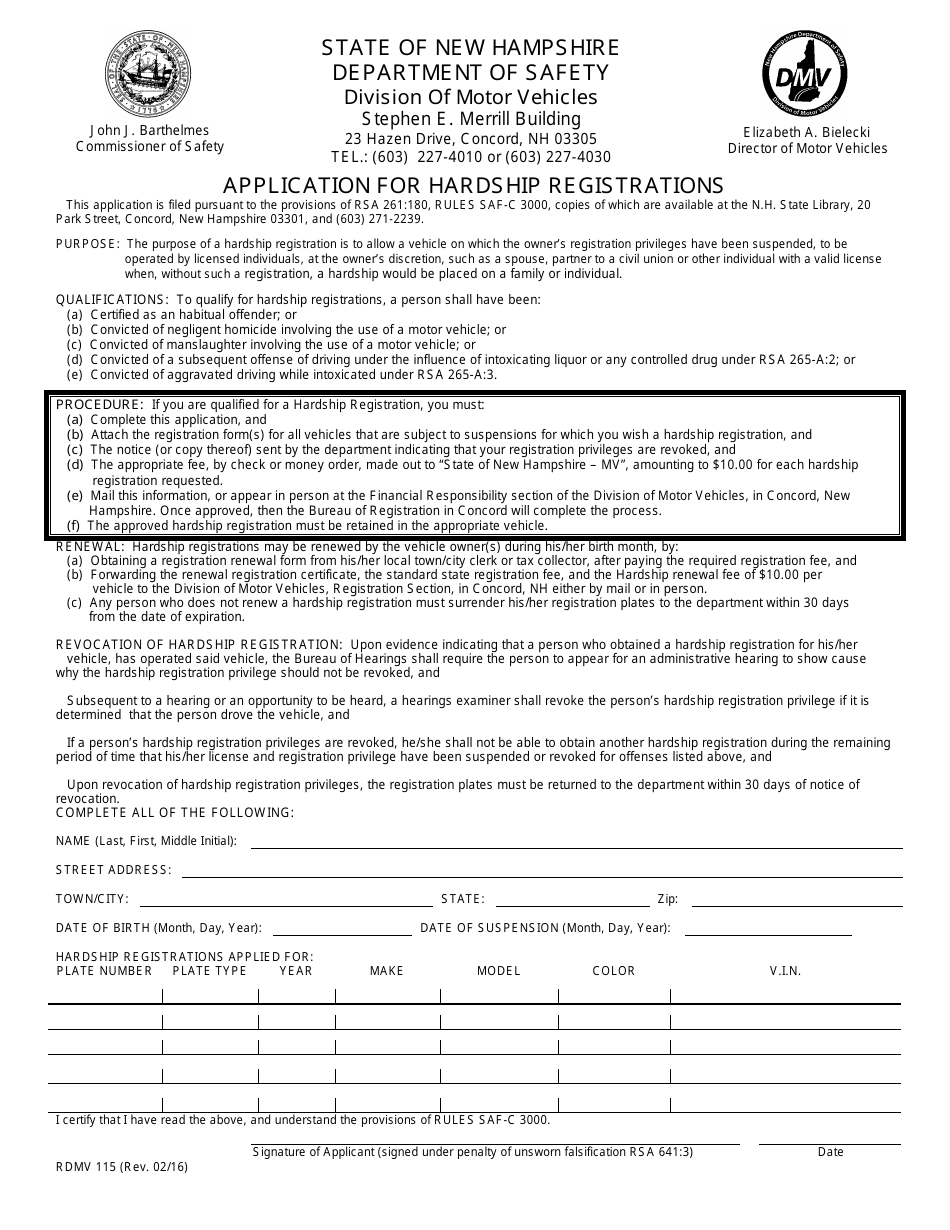 Form RDMV115 Application for Hardship Registrations - New Hampshire, Page 1