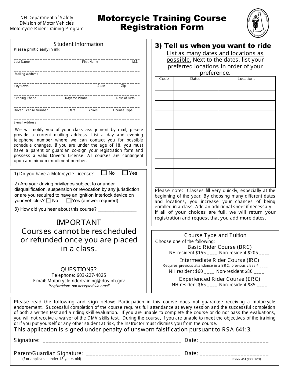 Form DSMV414 Motorcycle Training Course Registration Form - New Hampshire, Page 1