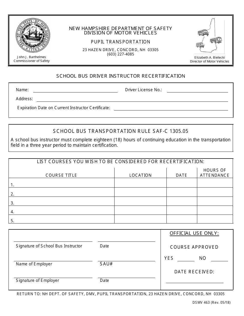Form DSMV463 School Bus Driver Instructor Recertification - New Hampshire, Page 1