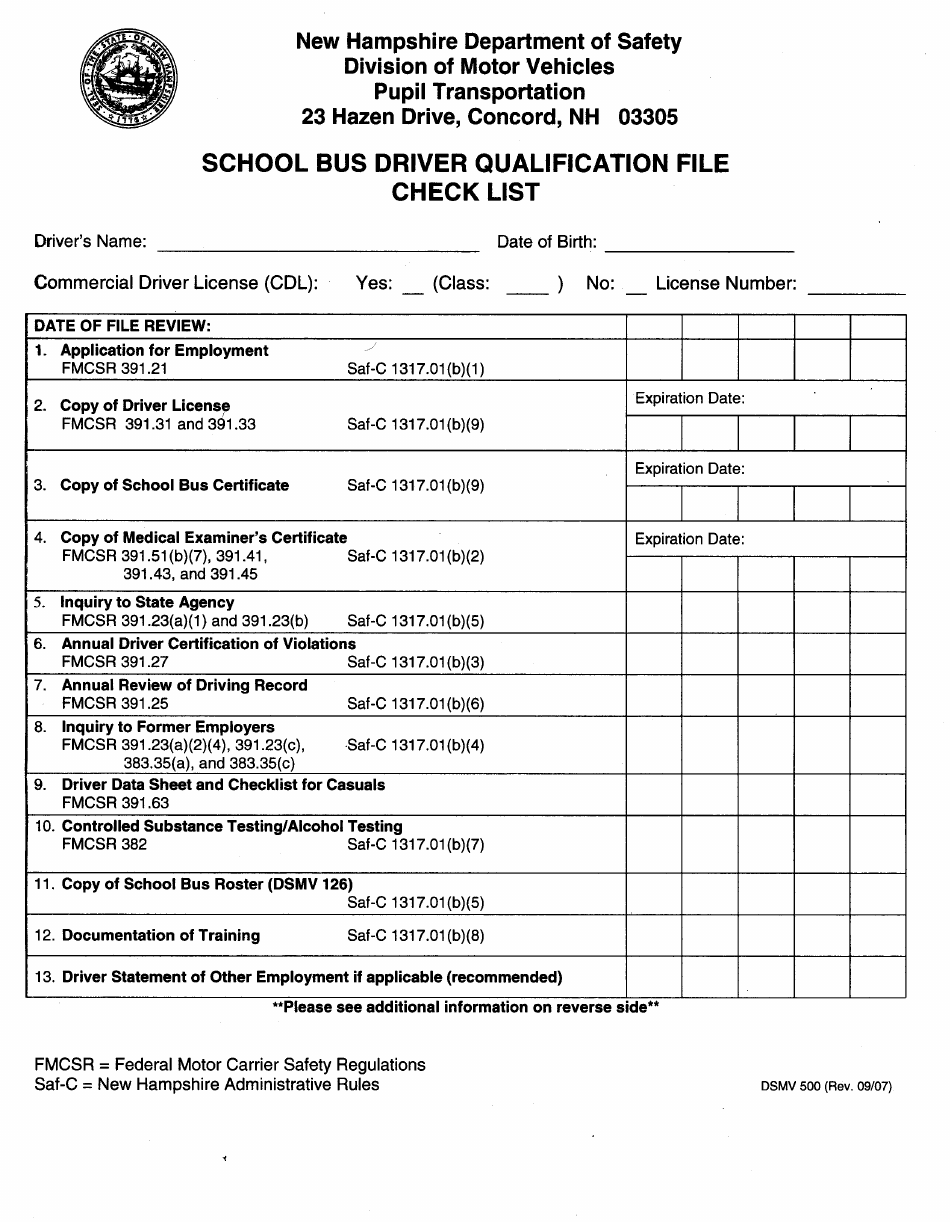 Form DSMV500 School Bus Driver Qualification File Check List - New Hampshire, Page 1