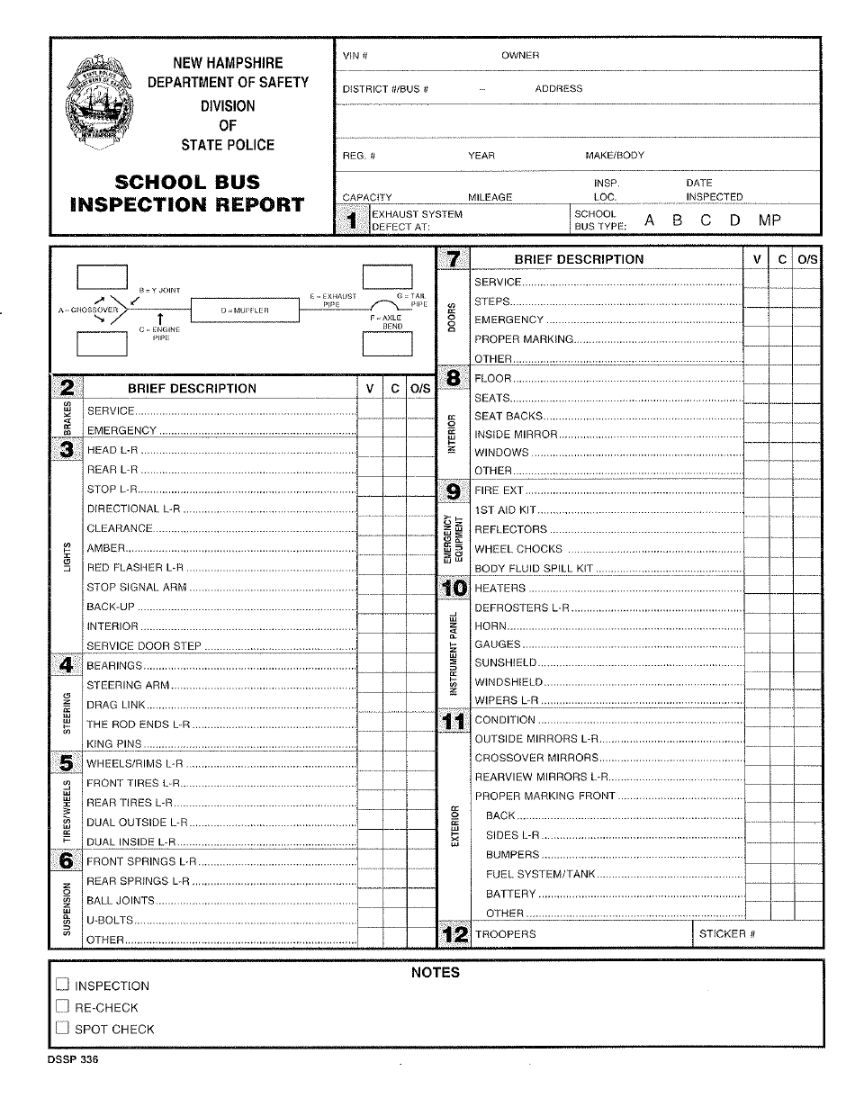 Form DSSP336 School Bus Inspection Report - New Hampshire, Page 1