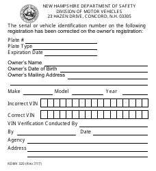 Document preview: Form RDMV320 Correction of Vehicle Identification Number - New Hampshire