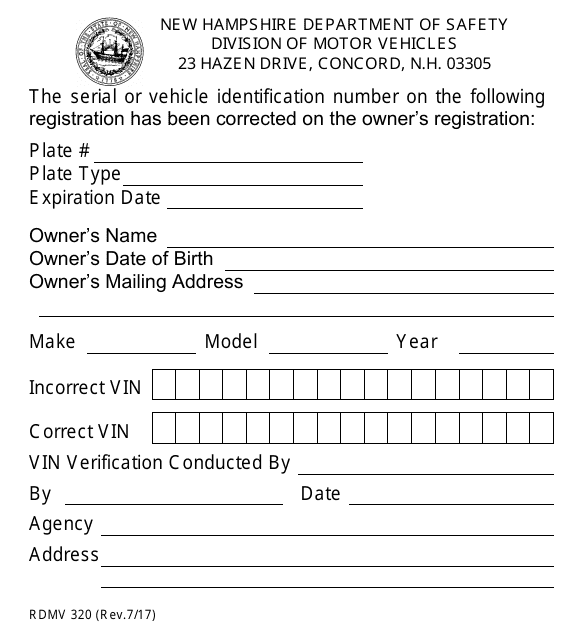 Form RDMV320 Correction of Vehicle Identification Number - New Hampshire
