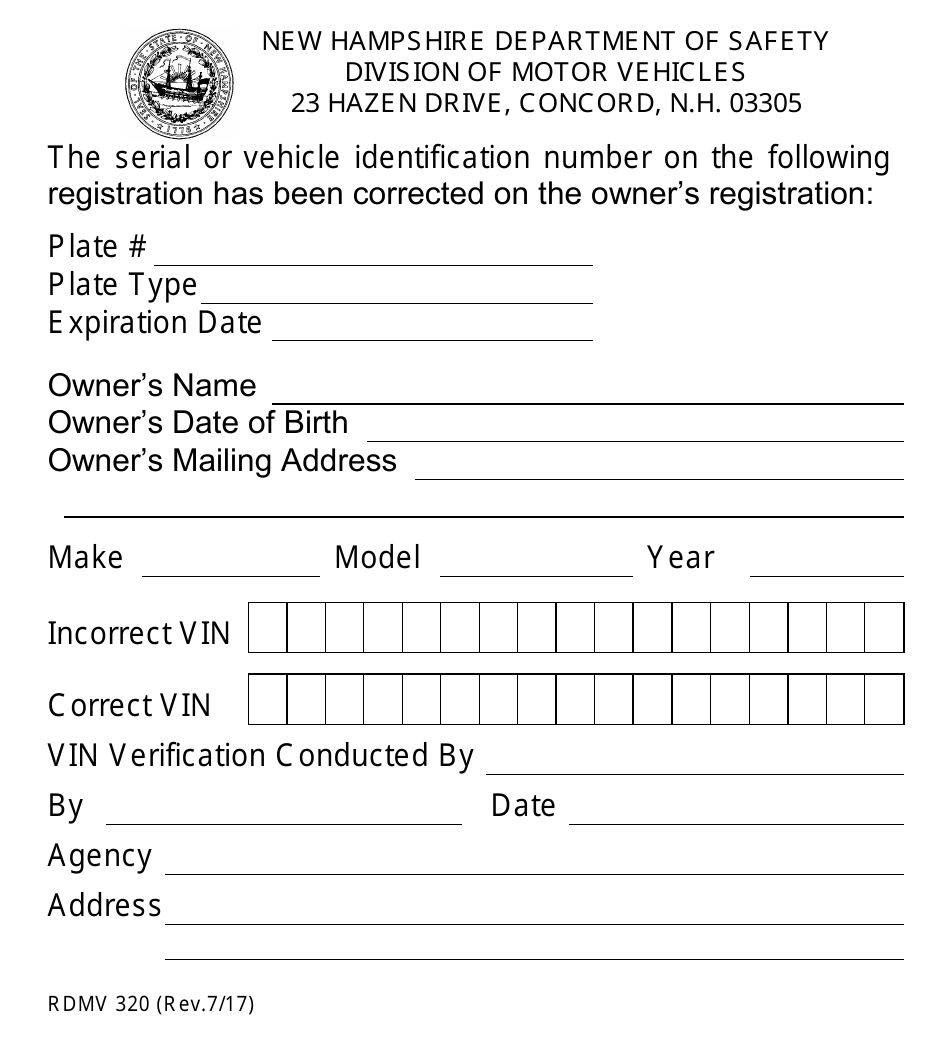 Form RDMV320 Correction of Vehicle Identification Number - New Hampshire, Page 1