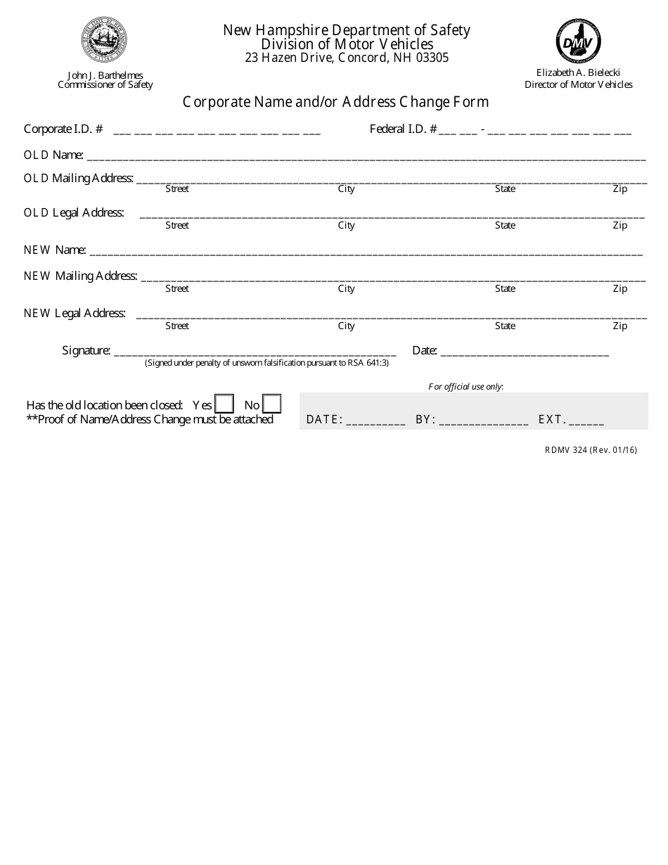 Form RDMV324 Corporate Name and / or Address Change Form - New Hampshire, Page 1
