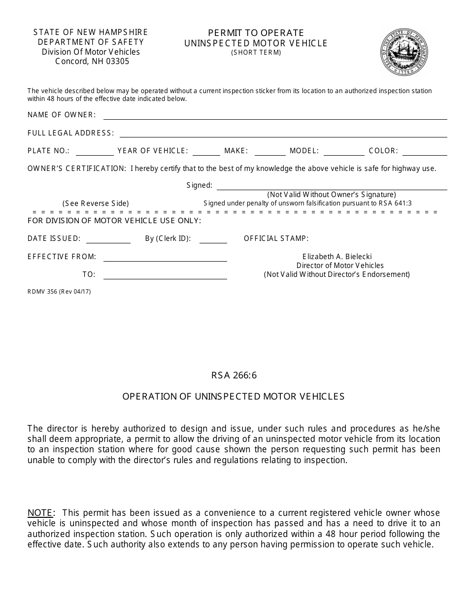 Form RDMV356 Permit to Operate Uninspected Motor Vehicle (Short Term) - New Hampshire, Page 1