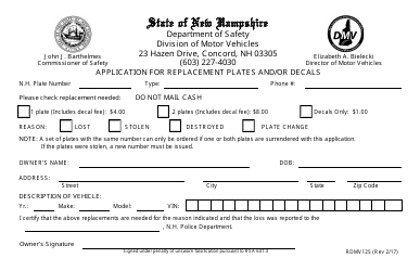 Document preview: Form RDMV125 Application for Replacement Plates and/or Decals - New Hampshire