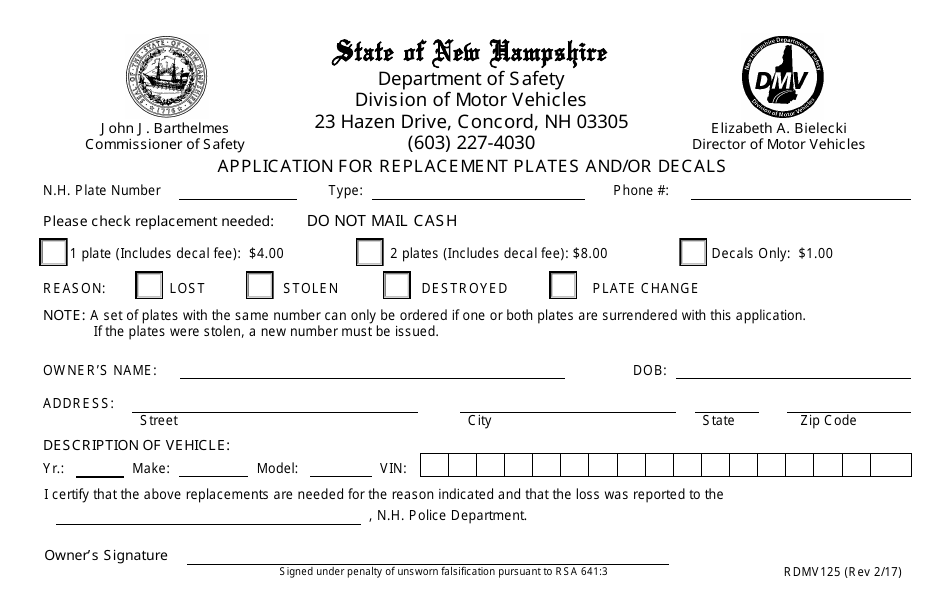 Form RDMV125 Application for Replacement Plates and / or Decals - New Hampshire, Page 1
