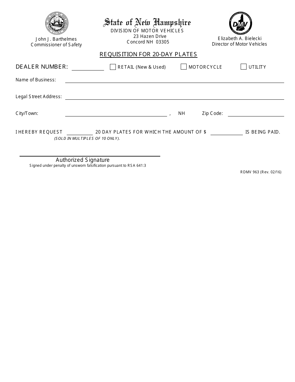 Form RDMV963 Requisition for 20-day Plates - New Hampshire, Page 1