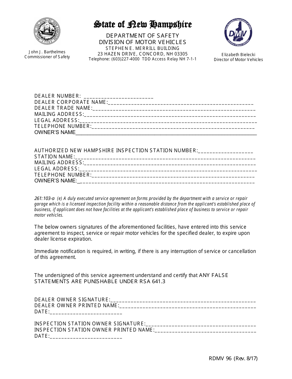Form RDMV96 Service Agreement - New Hampshire, Page 1