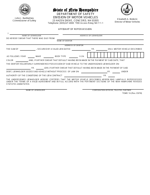 Form TDMV16 Affidavit of Repossession - New Hampshire