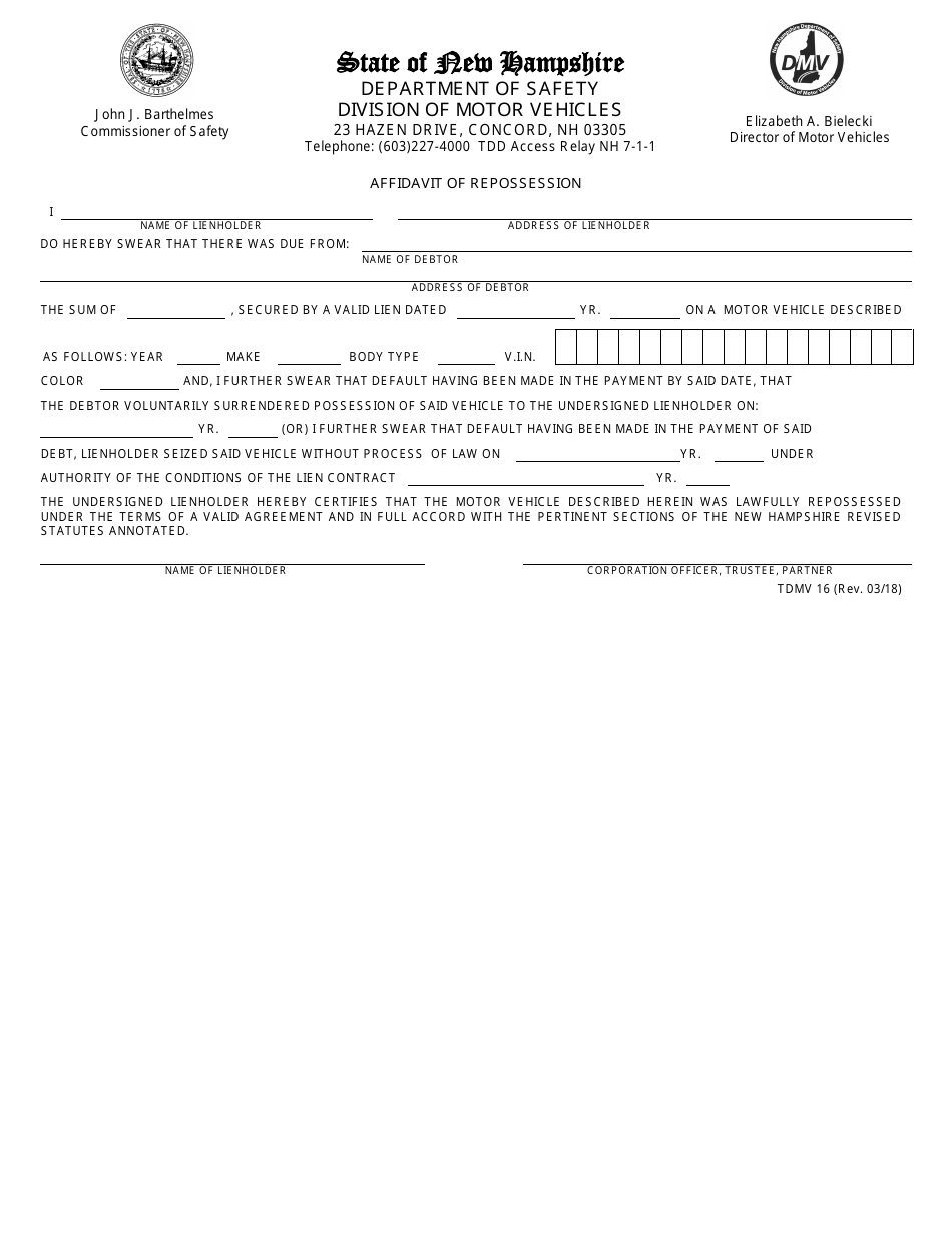 Form TDMV16 Affidavit of Repossession - New Hampshire, Page 1