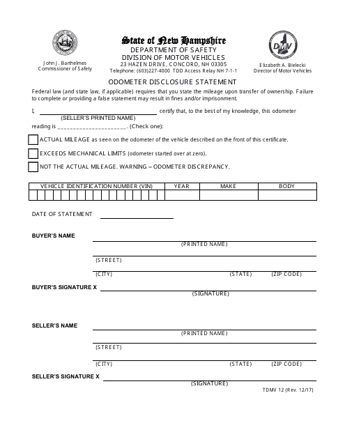 Form TDMV12 Odometer Disclosure Statement - New Hampshire
