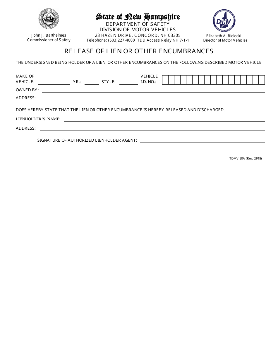 Form TDMV20A Release of Lien or Other Encumbrances - New Hampshire, Page 1