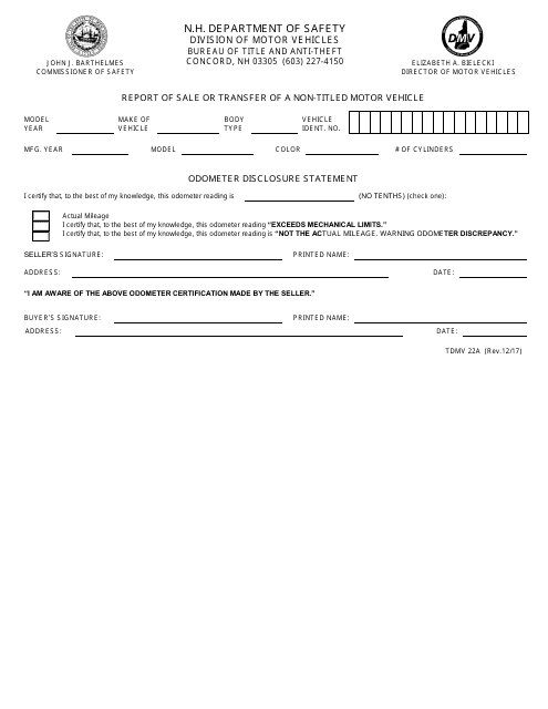 Form TDMV22A Printable Pdf