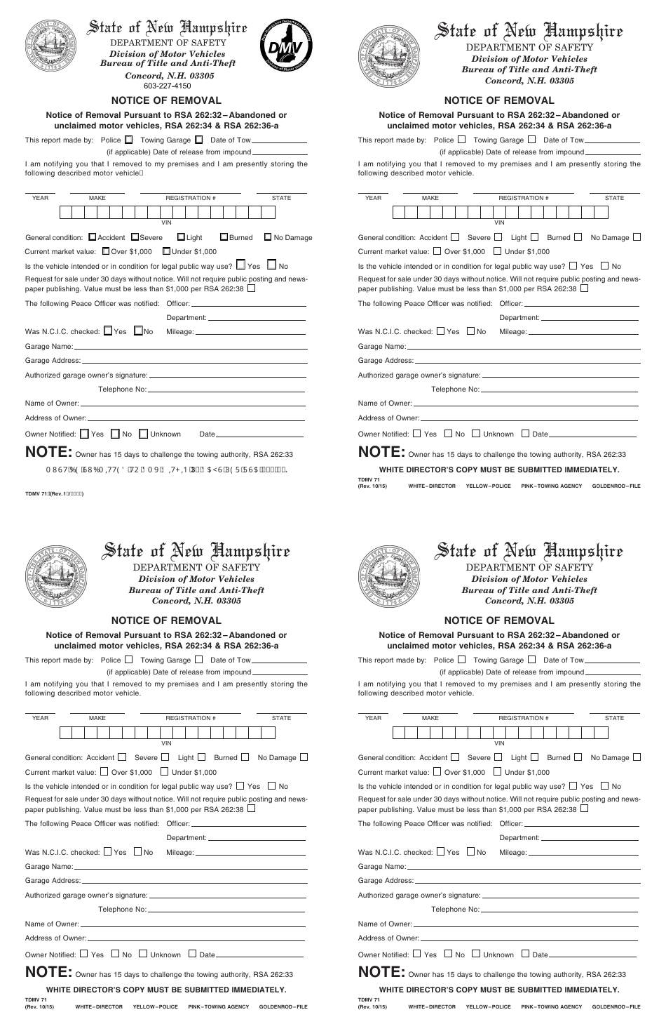 Form TDMV71 Notice of Removal - New Hampshire, Page 1