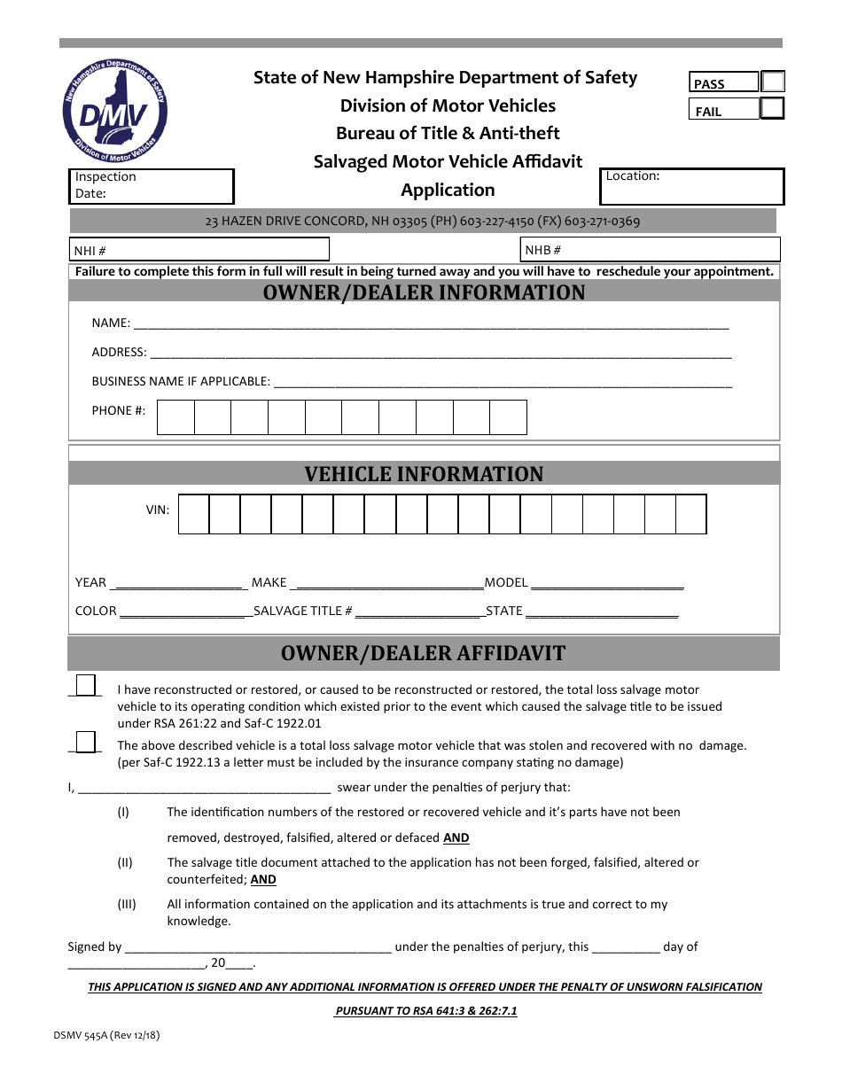 Form DSMV545A Salvaged Motor Vehicle Affidavit Application - New Hampshire, Page 1