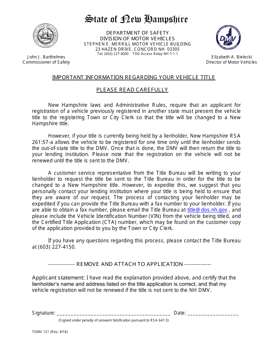 Form TDMV121 Title Advisory Letter - New Hampshire, Page 1