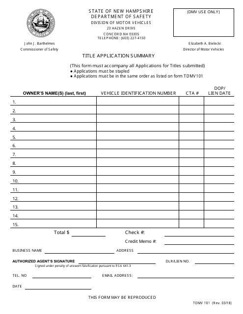 Form TDMV101 Title Application Summary Sheet - New Hampshire