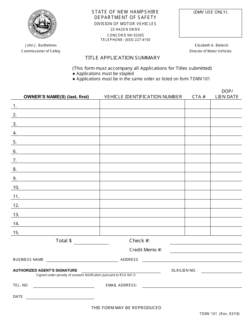 Form TDMV101 Title Application Summary Sheet - New Hampshire, Page 1