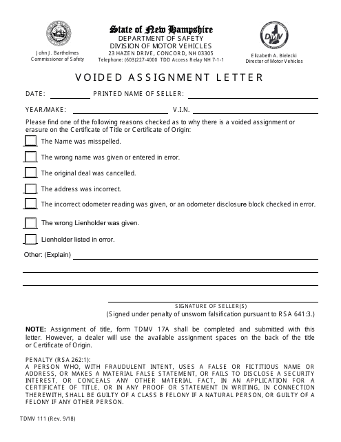 Form TDMV111 Voided Assignment Letter - New Hampshire
