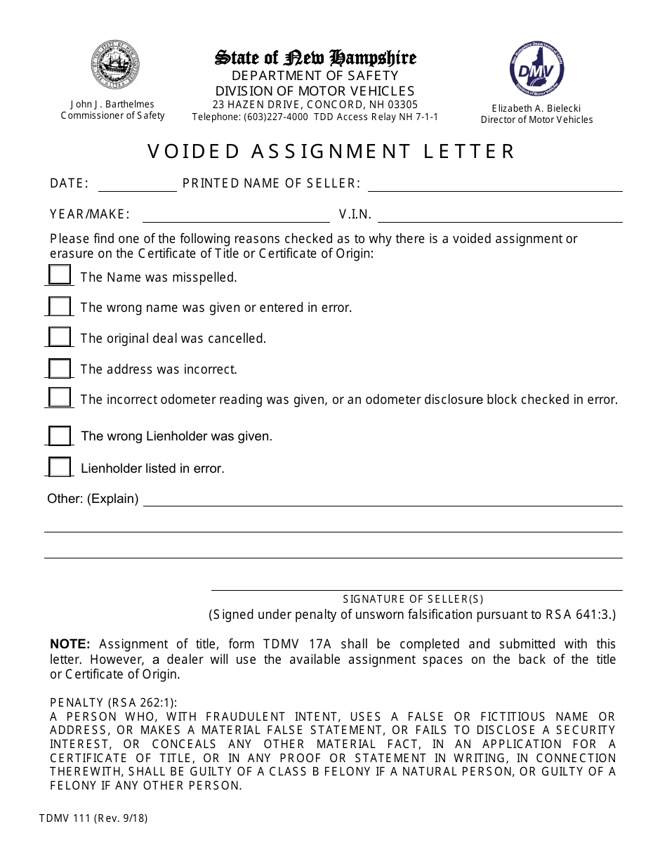 Form TDMV111 Voided Assignment Letter - New Hampshire, Page 1