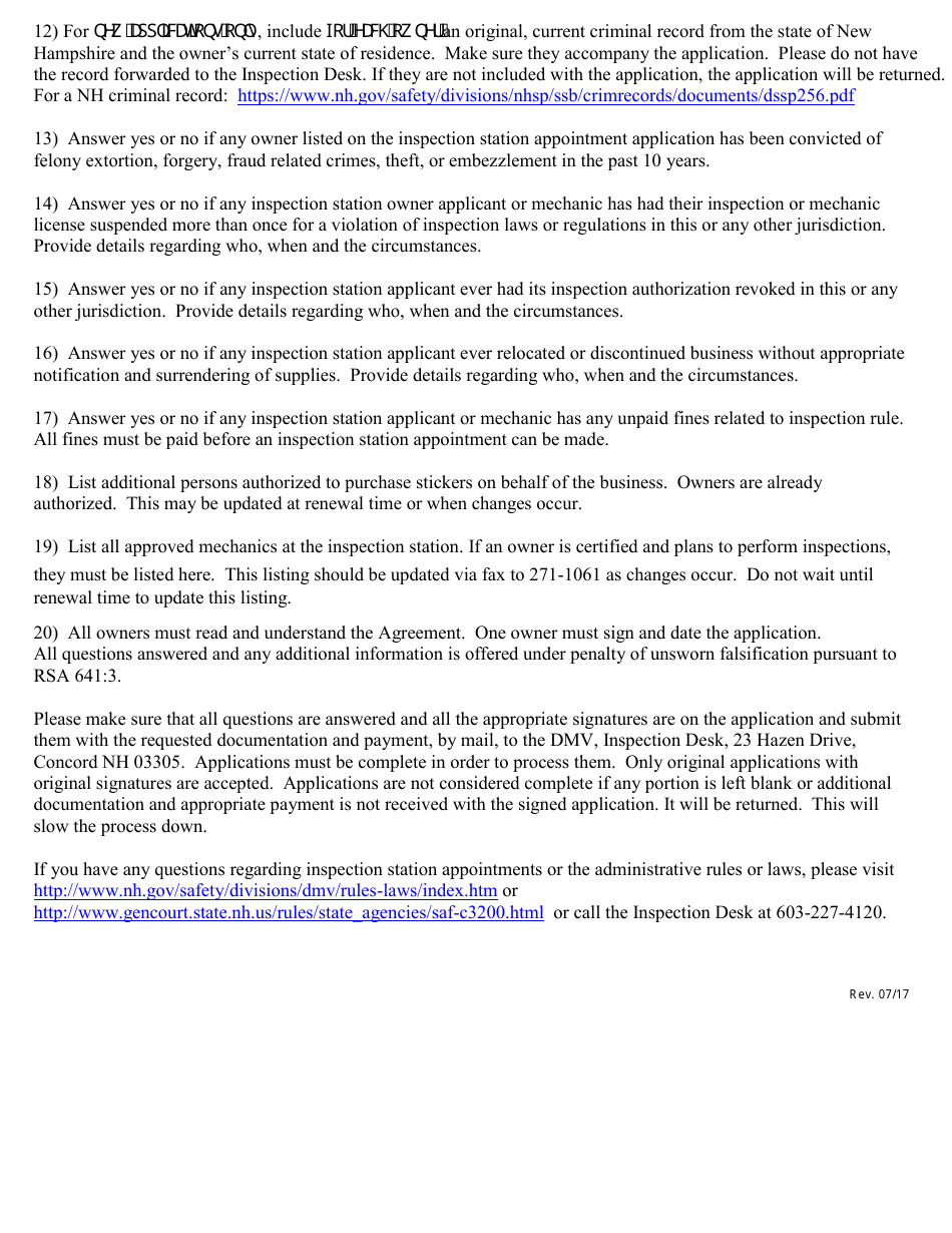 Form RDMV705 Application - Inspection Station Appointment - New Hampshire, Page 2