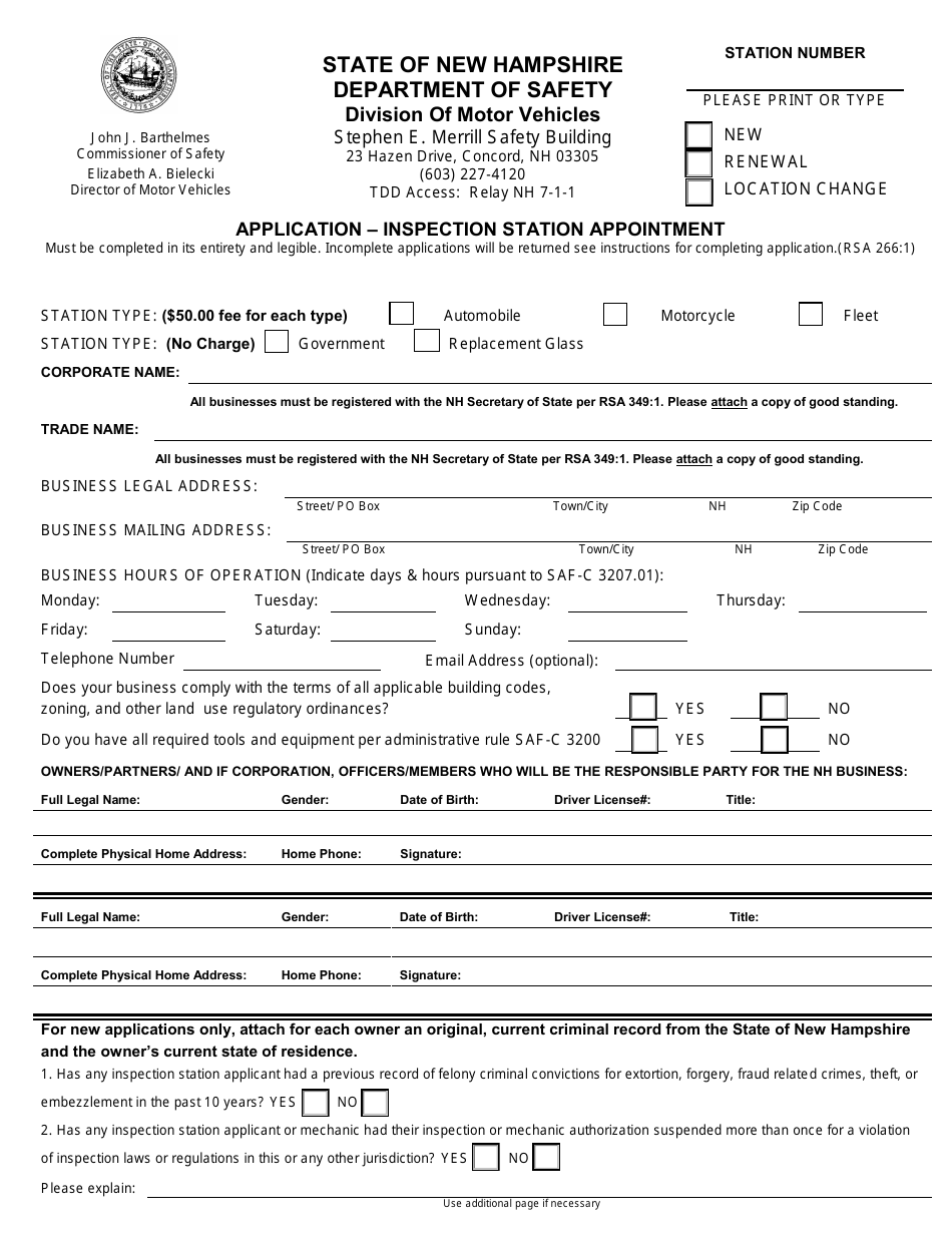 Form RDMV705 Application - Inspection Station Appointment - New Hampshire, Page 3