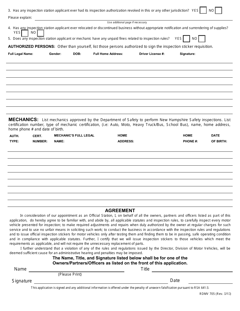 Form RDMV705 Application - Inspection Station Appointment - New Hampshire, Page 4