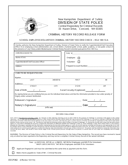 Form DSSP382 Criminal History Record Release Form - School Employee/Volunteer Criminal History Record Check - New Hampshire