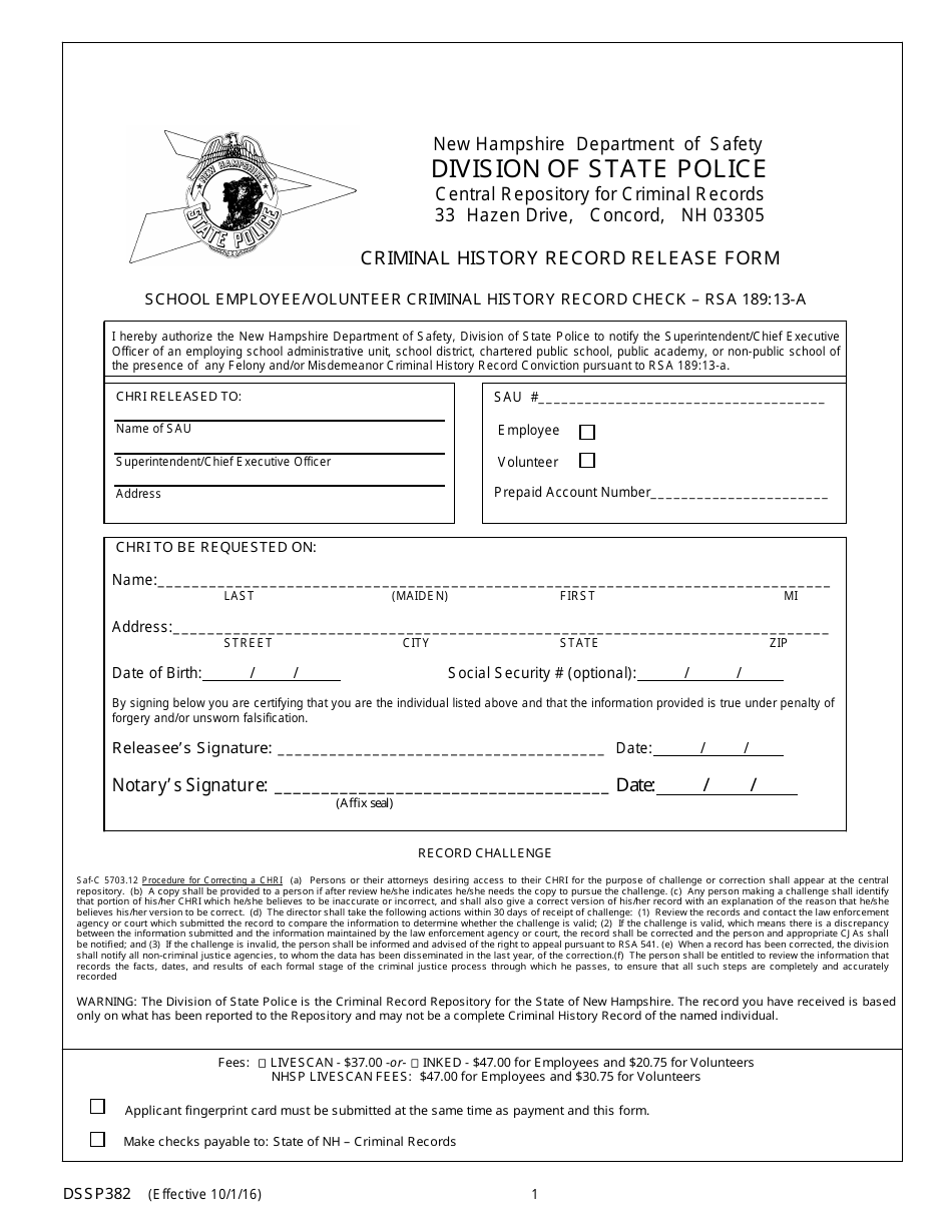 Form DSSP382 Criminal History Record Release Form - School Employee / Volunteer Criminal History Record Check - New Hampshire, Page 1