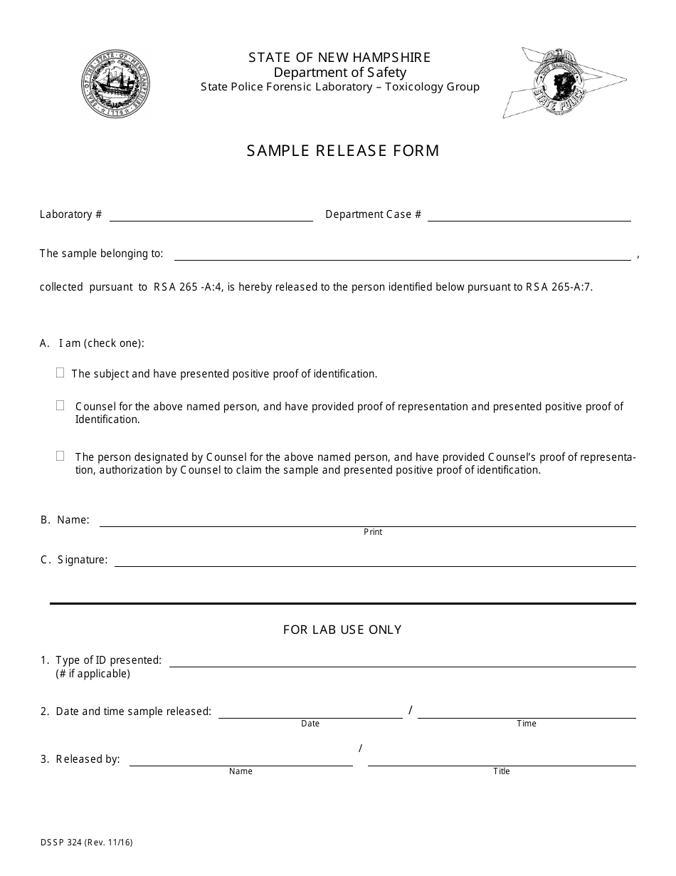 Form DSSP324 Blood Sample Release Form - New Hampshire, Page 1