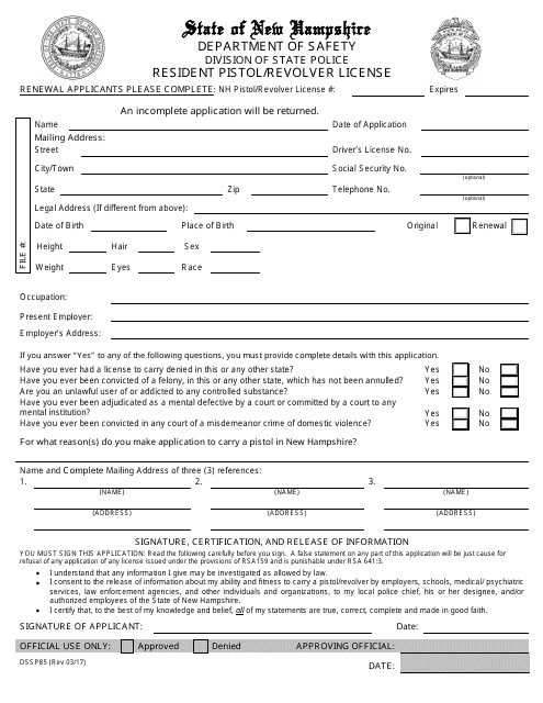 Form DSSP85 Application for a Resident Pistol/Revolver License - New Hampshire