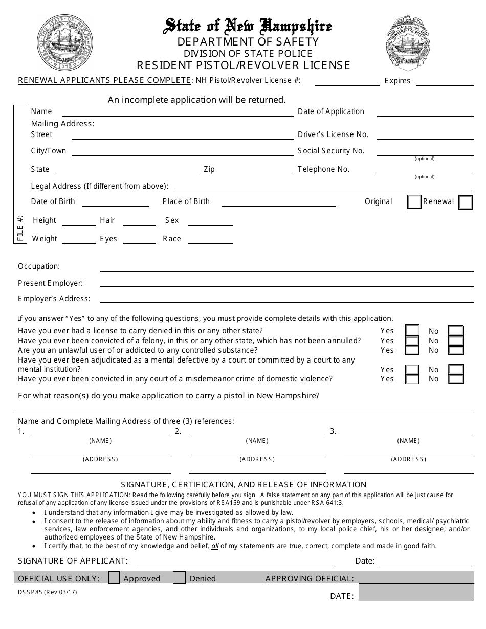 Form DSSP85 Application for a Resident Pistol / Revolver License - New Hampshire, Page 1